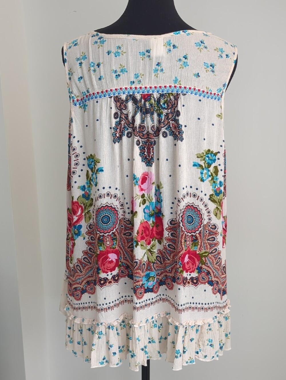 Bila Bohemian Crinkle Gauze Flowy Tassel Tank Top Floral Paisley Medallion XL - Picture 6 of 10
